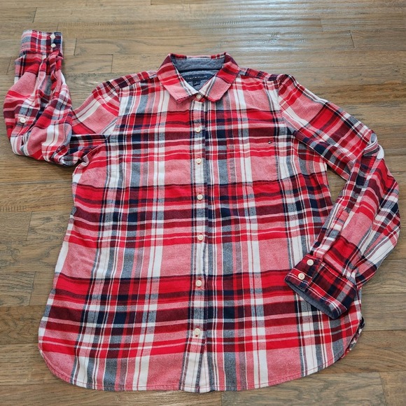 Tommy Hilfiger Popover Red Plaid Women Medium Roll-Tab Long Sleeve Button Down - Picture 10 of 10